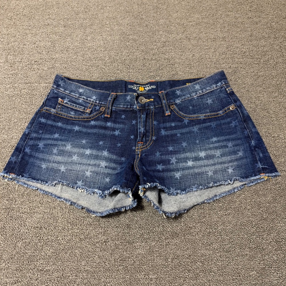 Lucky Brand Riley Short Dark Wash Star Print Raw Hem Denim Jean Shorts Womens 26